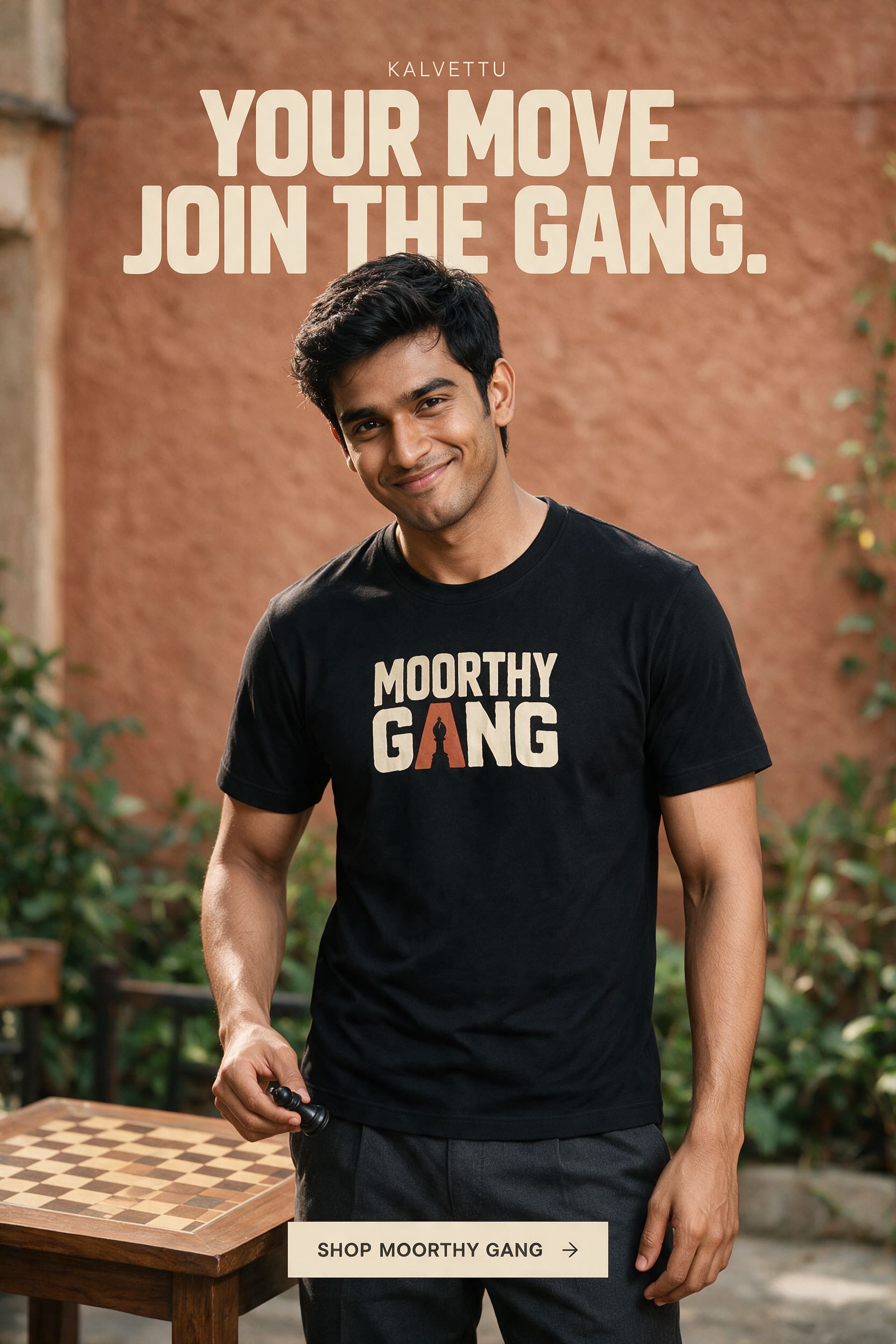 Moorthy Gang black T-shirt beside a chess table. Your move. Join the gang.
