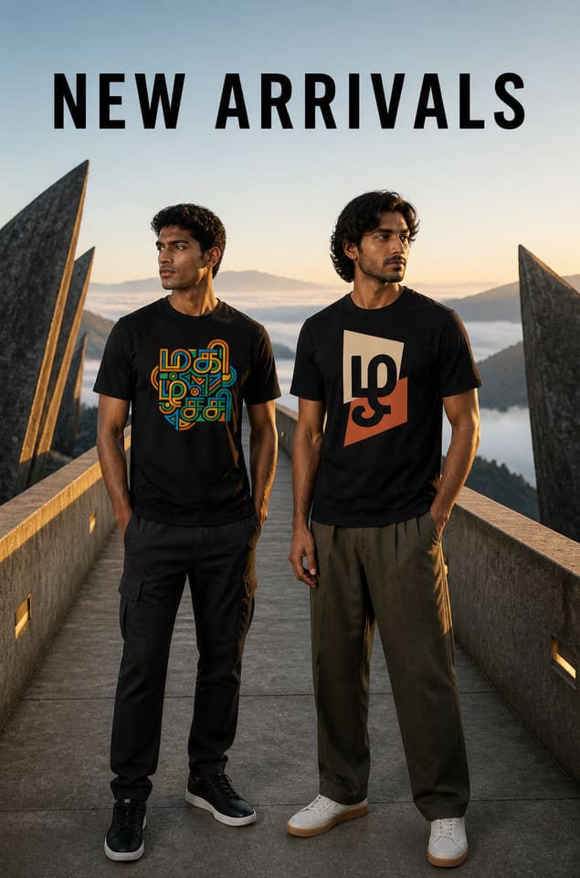 Two men wearing the latest Kalvettu printed T-shirts in a dramatic highland landscape