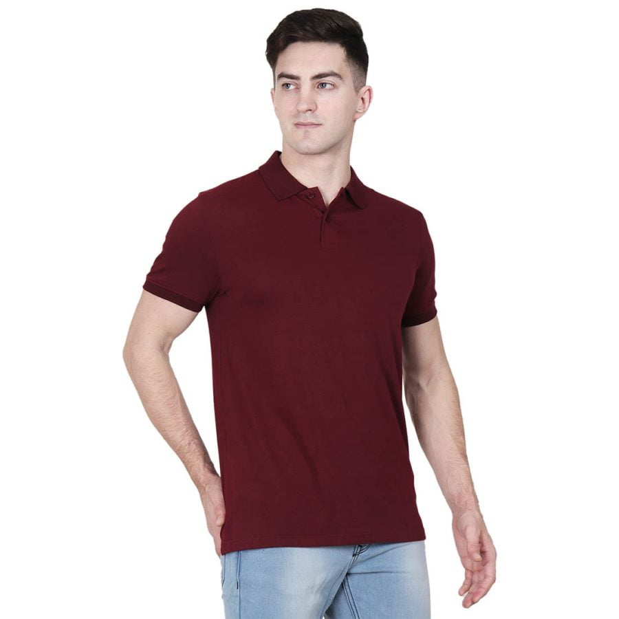Men's Maroon Plain Half Sleeve Polo Collared T-Shirt