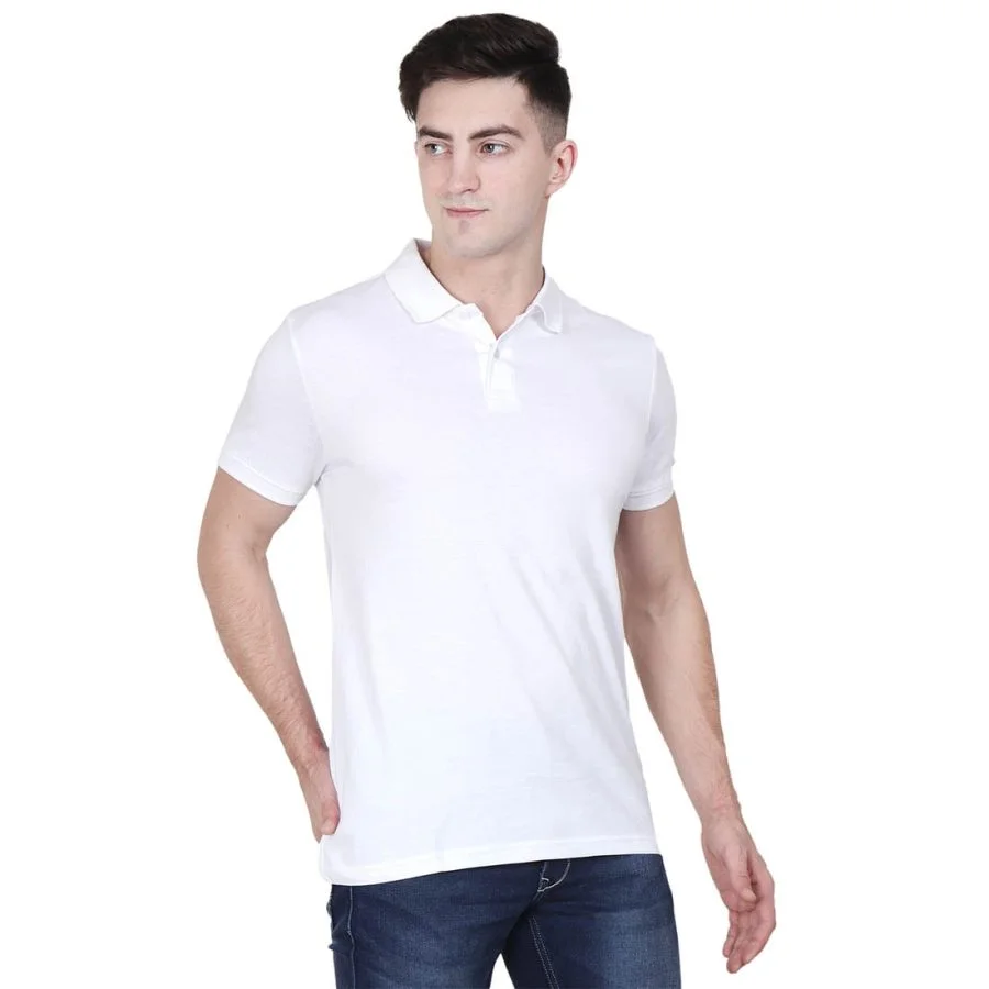 Men's White Plain Half Sleeve Polo Collared T-Shirt